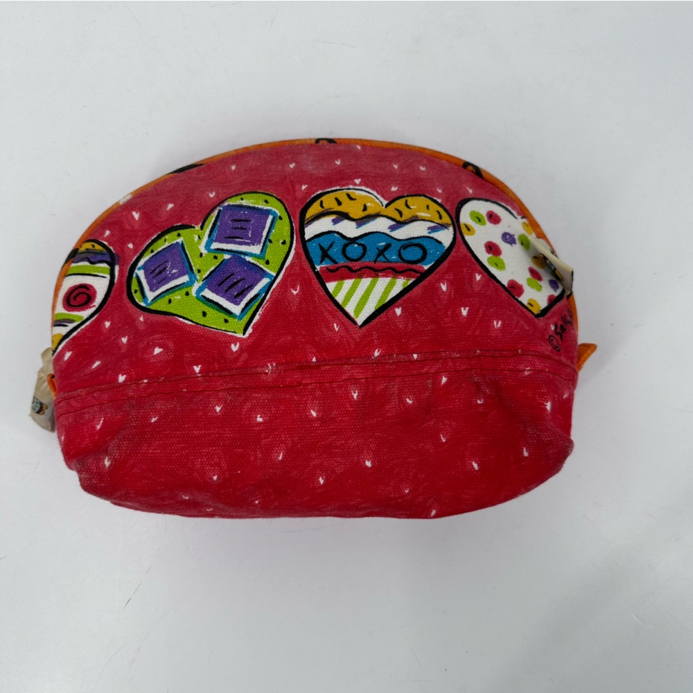 VTG Sally Huss Hearts Bag Canvas Painted Zip Top Makeup Toiletries Pencils
